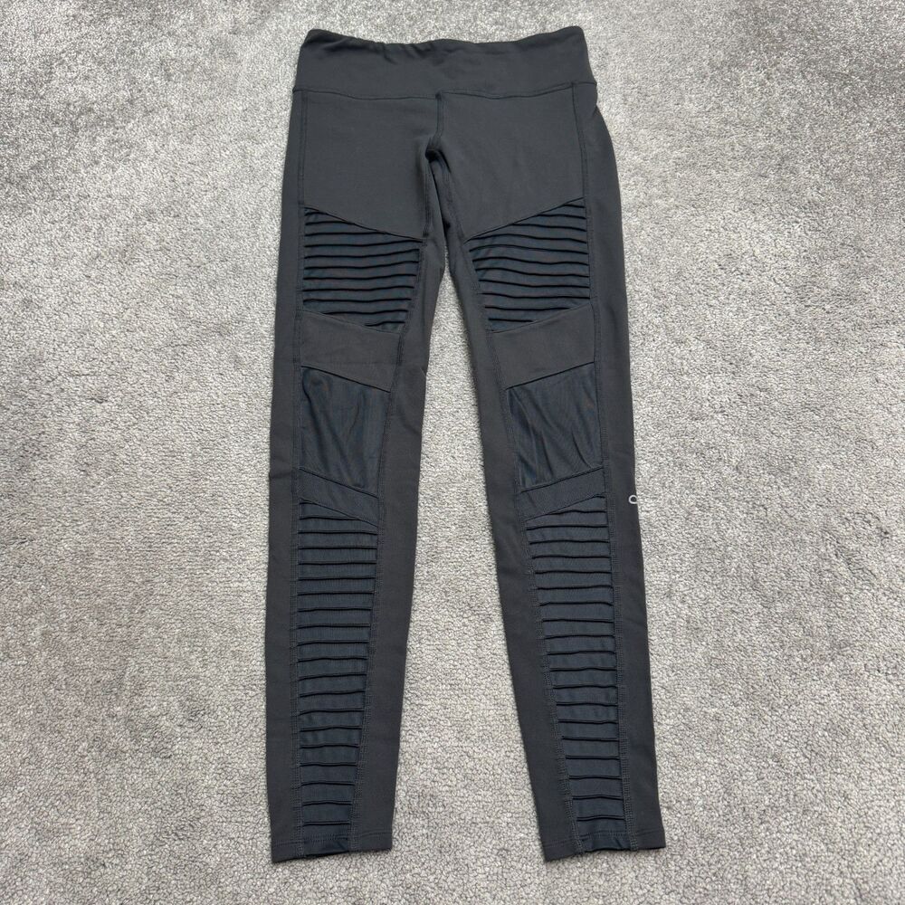 Alo Yoga Moto Leggings Womens Small Anthracite Dark Gray Ribbed Mesh Panels Yoga